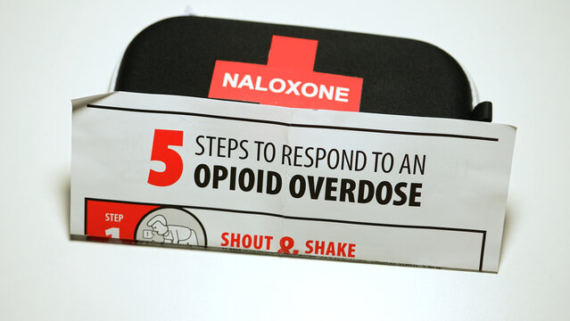 Narcan nasal spray at emergency kit bag Narcan Naloxone used for opioid drugs overdose. Rescue recovery medication for narcotic opiates or fentanyl overdose: Toronto, Ontario, Canada - March 23, 2024