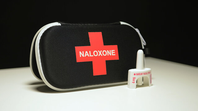 Naloxone and Narcan nasal spray in the emergency overdose kit bag used for recovery from narcotic opioid medications or street drugs overdose: Toronto, Ontario, Canada - March 23, 2024