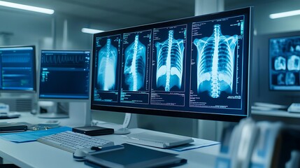 Naklejka premium Advanced Medical Imaging Displaying X-Ray Scans in a Modern Healthcare Environment with Computer Screens