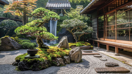 Fototapeta premium Serene Japanese Zen Garden with Lush Greenery, Waterfall, and Traditional Architecture in Tranquil Setting