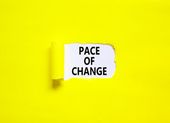 Pace of change symbol. Concept words Pace of change on beautiful white paper. Beautiful yellow table yellow background. Business pace of change concept. Copy space.