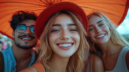 Fototapeta premium A group of four young adults smiles joyfully at the camera, posing outdoors against a clear blue sky.