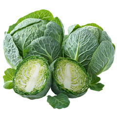 Fototapeta premium Fresh green cabbages whole and halved isolated transparent background healthy food vegetable