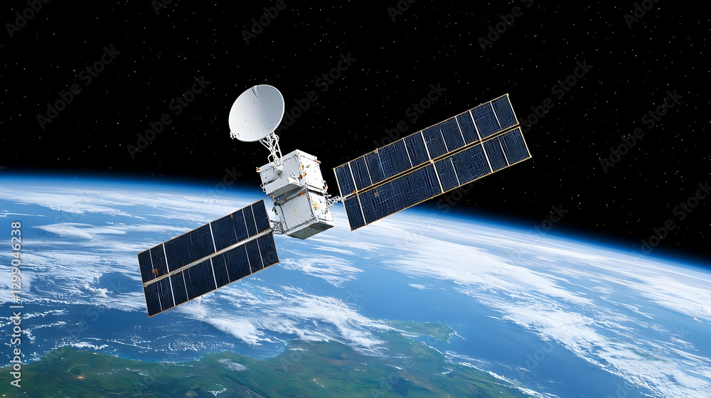 Poster satellite orbiting planet earth in dark space with visible blue continents and bright solar panel ar