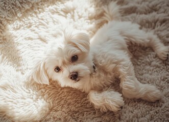 Cute white Maltese puppy playing on a fluffy carpet, close-up portrait, front view, stock photo, simple composition, feminine, sunny light background.