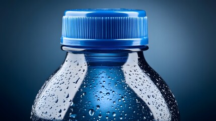 Closeup of Cold Blue Plastic Water Bottle with Condensation