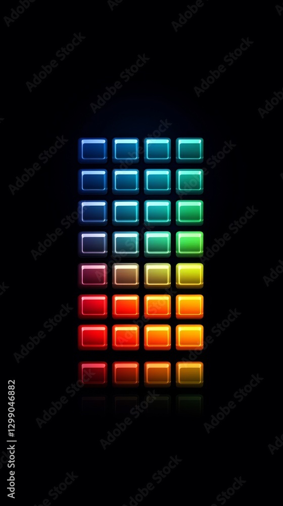 Poster a sleek geometric layout with a grid of squares blending from red to green and blue, set against a d