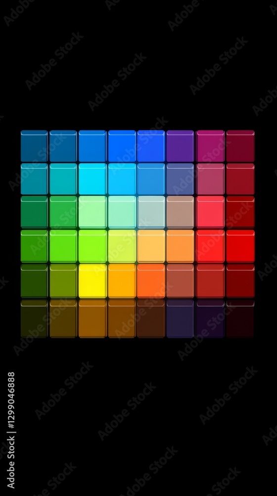 Poster an abstract digital artwork with a grid of squares in various colors, transitioning from warm to coo