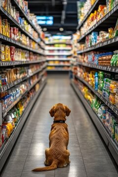 Naklejki The whimsical presence of a dog in a shopping environment.