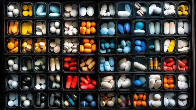 Multicolored Pills and Capsules in Weekly Organizer Compartments