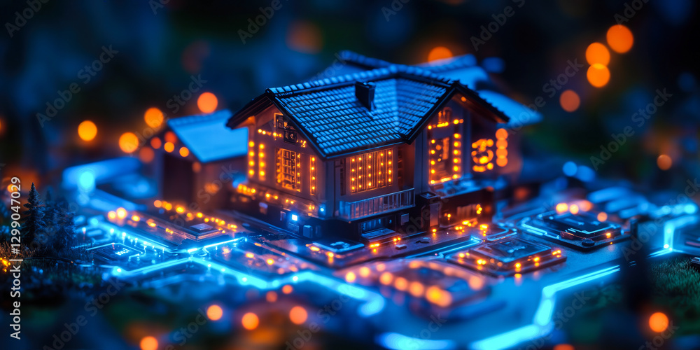 Poster futuristic smart home model with integrated technology and illuminated circuits symbolizing connecte