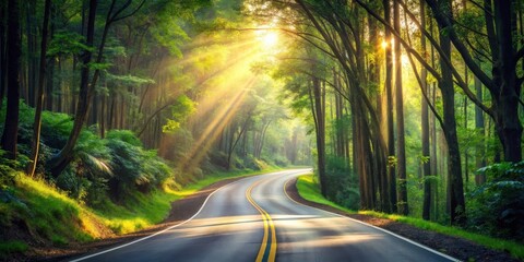 Serene morning sunbeams illuminate a winding road through a lush, verdant forest