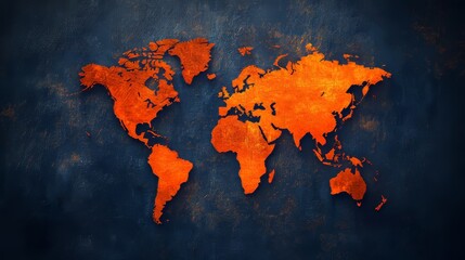 An orange world map, illuminated with a glow, contrasts vividly with a dark blue textured background, giving it a bold and vintage artistic feel