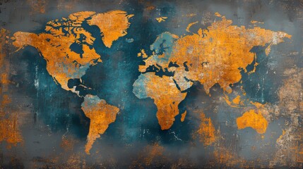 A vintage-style world map with dark grunge tones and glowing orange continents, contrasted against a deep textured background for dramatic effect