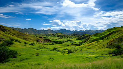 Fototapeta premium Green Valley Landscape Under a Bright Blue Sky with Fluffy White Clouds during Summer