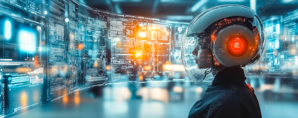 Poster futuristic ai-driven interface with person in augmented reality helmet immersed in digital database 