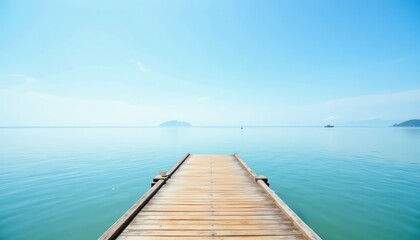 Obraz premium Serene Wooden Pier Overlooking Calm Blue Water Under Clear Sky