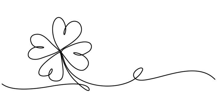 Continuous one line drawing of four leaf clovers. Isolated on white background vector illustration, Three leaves clover, Good luck floral symbol in simple linear style. Concept for web banner Saint.