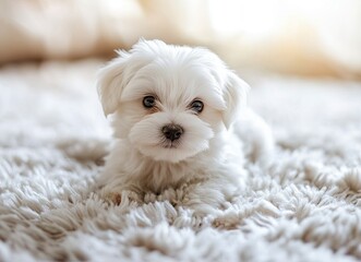 Cute white Maltese puppy playing on a fluffy carpet, close-up portrait, front view, stock photo, simple composition, feminine, sunny light background.