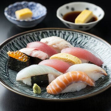 Assorted sushi selection on a decorative plate