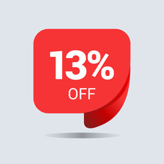 13% off discount, thirteen percent chat balloon. Special offer sale red tag. Concept of the price list for discounts. Advertising campaign, sales, label offer. Vector illustration.