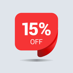 15% off discount, fifteen percent chat balloon. Special offer sale red tag. Concept of the price list for discounts. Advertising campaign, sales, label offer. Vector illustration.