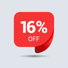 16% off discount, sixteen percent chat balloon. Special offer sale red tag. Concept of the price list for discounts. Advertising campaign, sales, label offer. Vector illustration.
