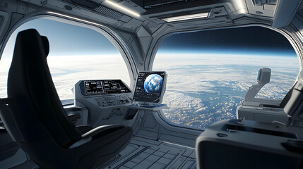 Interior View Of Spacecraft Cockpit With Earth Horizon Through Window Displaying Technological Exploration