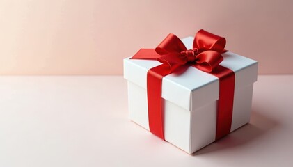 Fototapeta premium A pristine white gift box adorned with a classic red bow , studio shot, christmas