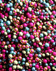 Vibrant collection of iridescent spheres in pink, blue, and pale yellow hues, densely packed. Their glossy, reflective surfaces create a playful, surreal atmosphere