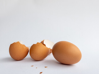 Several pieces of broken chicken egg shells and intact chicken eggs isolated on white background