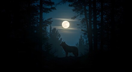 Silhouetted Wolf under a Full Moon: A Serene Nocturnal Scene