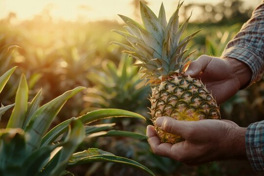 Farmer Harvesting Ripe Pineapple in Lush Field During Warm Sunset Glow
