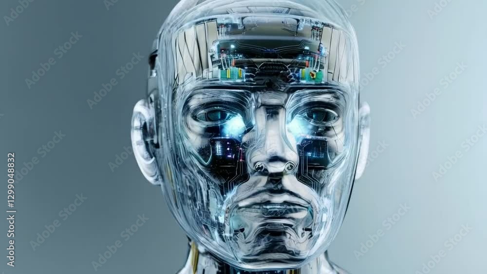Poster a futuristic robot head is showcased, emphasizing advanced bioengineering and synthetic design.