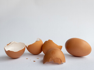 Several pieces of broken chicken egg shells and intact chicken eggs isolated on white background