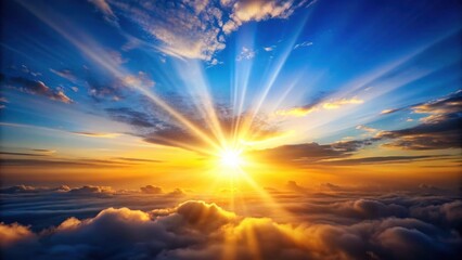 Fototapeta premium Golden Hour Radiance A Breathtaking Celestial Display of Sunbeams Piercing Through Clouds at Dawn or Dusk