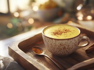 Photograph of a golden turmeric latte in a ceramic cup, sprinkled with cinnamon and served with a small spoon.