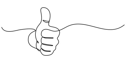 Continuous single line drawing of like icon. Thumb up one line drawing. Thumb up icon. Vector illustration, Hand showing like and great sign in simple linear style. Finger up symbol in editable stroke
