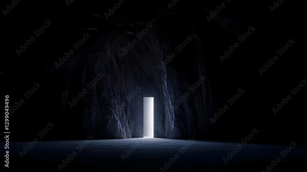 Poster mysterious doorway illuminated in dark stone cave with glowing light and abstract texture