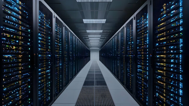 Data Server Room Perspective View with Blue Lights and Electronic Equipment