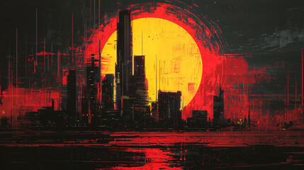 Fototapeta premium Futuristic cyberpunk city skyline with a massive glowing sun, abstract digital art with red and black tones, dystopian atmosphere