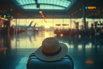 Travel necessities at a crowded airport terminal during the day, accompanied by a luggage and a sun hat. Generative Ai