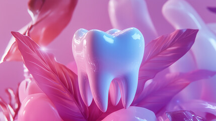 3d glossy tooth with nature elements, ideal for dental care advertisements, oral hygiene campaigns, and toothpaste branding