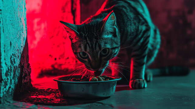 A tabby cat eating from a metal bowl in an urban setting with dramatic neon lighting in red and cyan tones