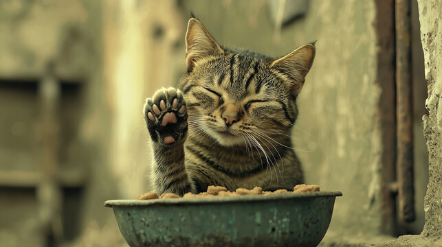 A cute tabby cat with closed eyes raises its paw while sitting near a bowl of food in an urban outdoor setting