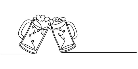 One Continuous Line Drawing of Beer Icon. Single Line Vector Illustration, Two glasses of beer one line continuous. Line art glasses of beer. Hand drawn vector art, Line art glasses of beer. Hand draw