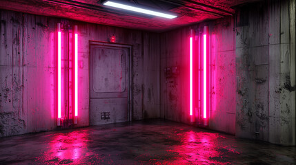 Futuristic industrial corridor with neon pink lights, metal walls, and a grungy, dystopian atmosphere. Sci-fi cyberpunk setting