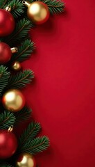 Obraz premium Red background, golden and crimson baubles nestled in pine boughs Christmas flat lay , celebration, evergreen, festive