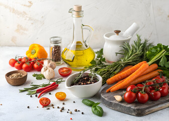 A beautifully arranged cooking background featuring fresh vegetables, herbs, spices, and olive oil on a rustic white stone table with space for text.