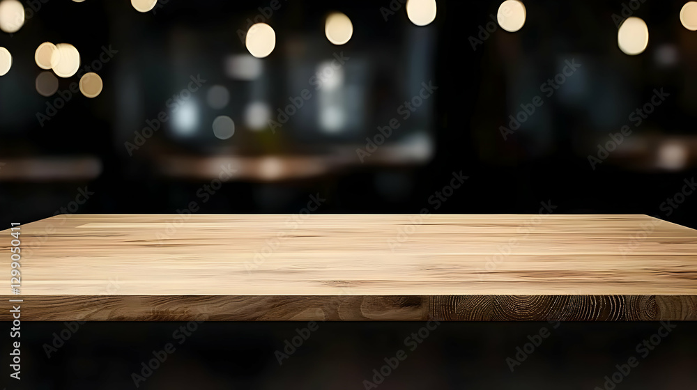 Poster empty wooden table surface front view with blurred background and soft lighting